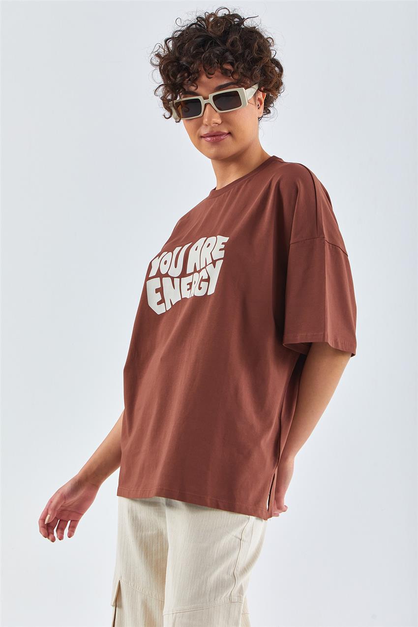 Yazı Baskılı Oversize Kahverengi T-shirt