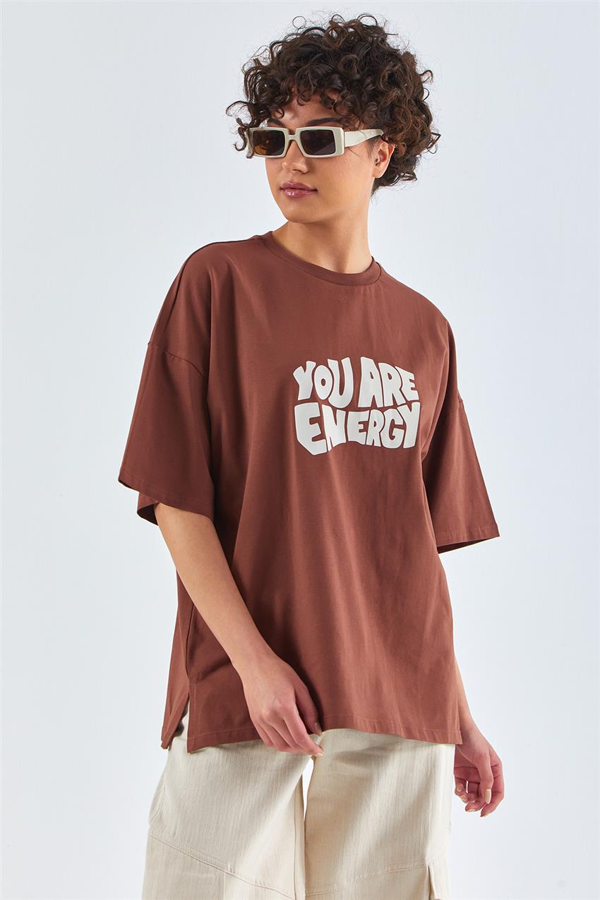 Yazı Baskılı Oversize Kahverengi T-shirt