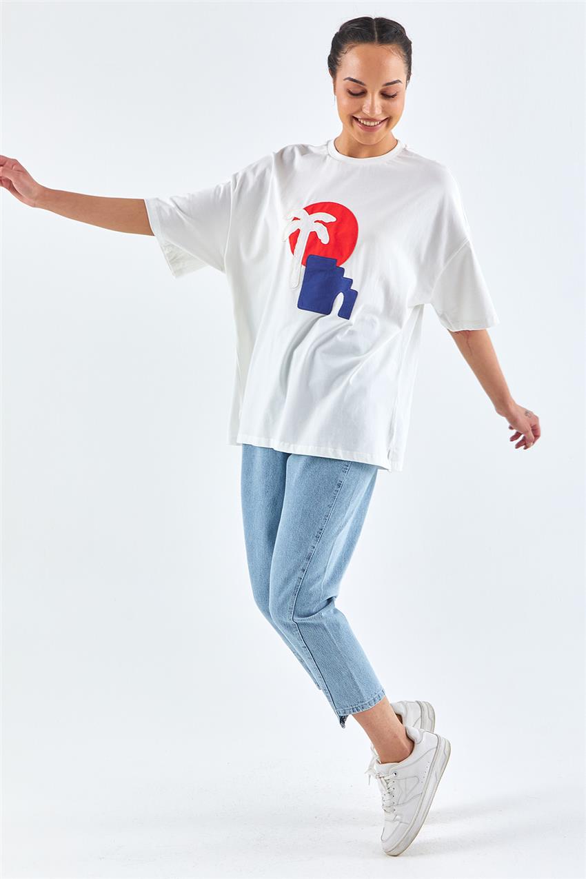 Palmiye Desenli Bol Kesim T-Shirt-Ekru M31271-52
