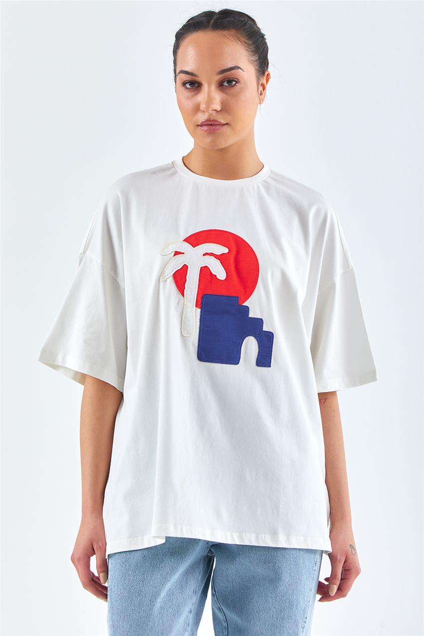 Palmiye Desenli Bol Kesim T-Shirt-Ekru M31271-52