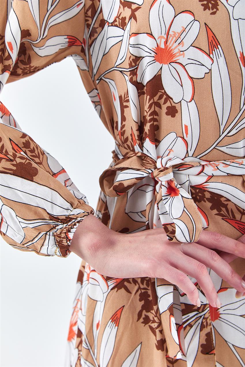 Yaprak Desen Seyyar Kuşaklı Bej Elbise