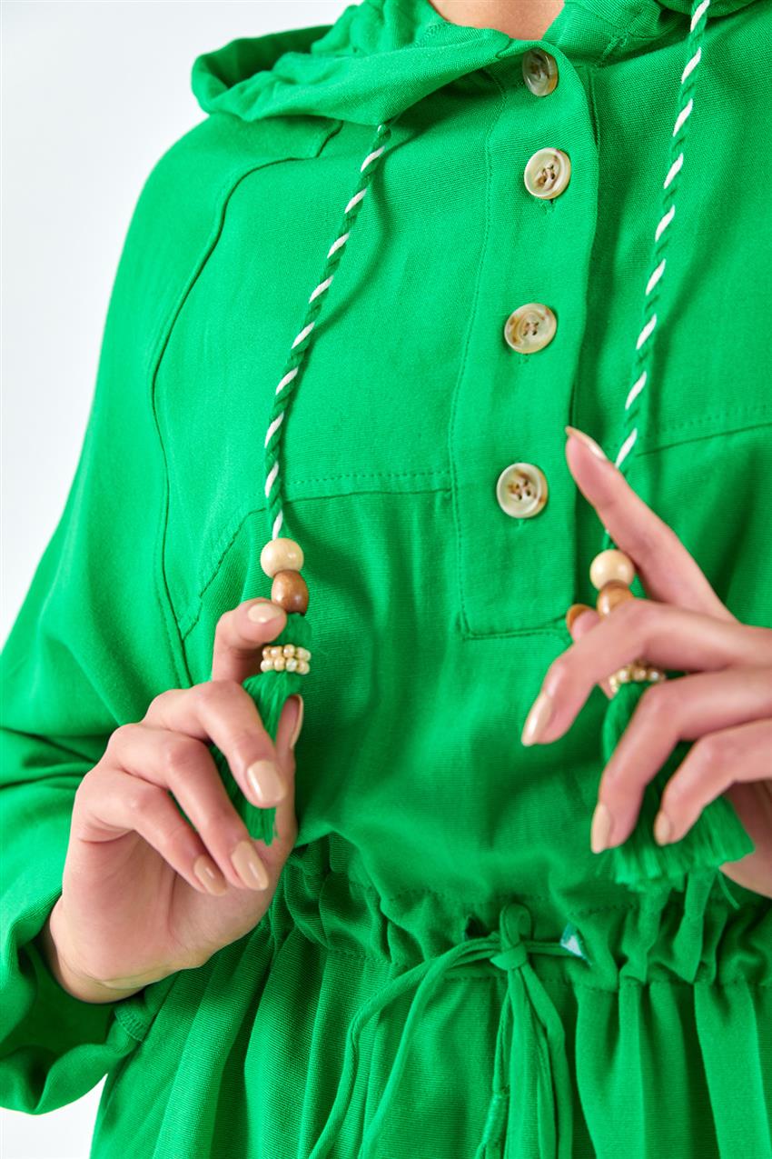 Kapüşonlu Benetton Yeşil Keten Elbise