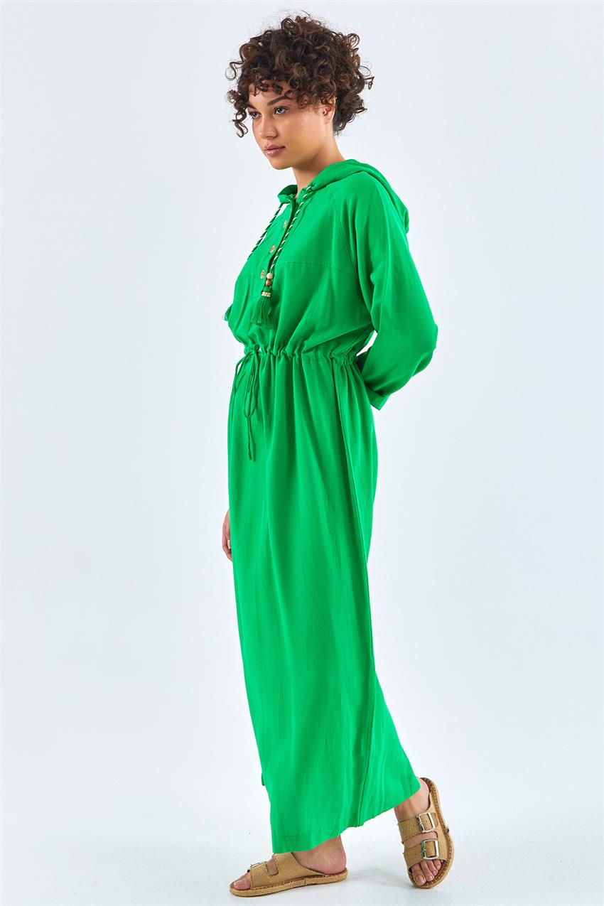 Kapüşonlu Benetton Yeşil Keten Elbise