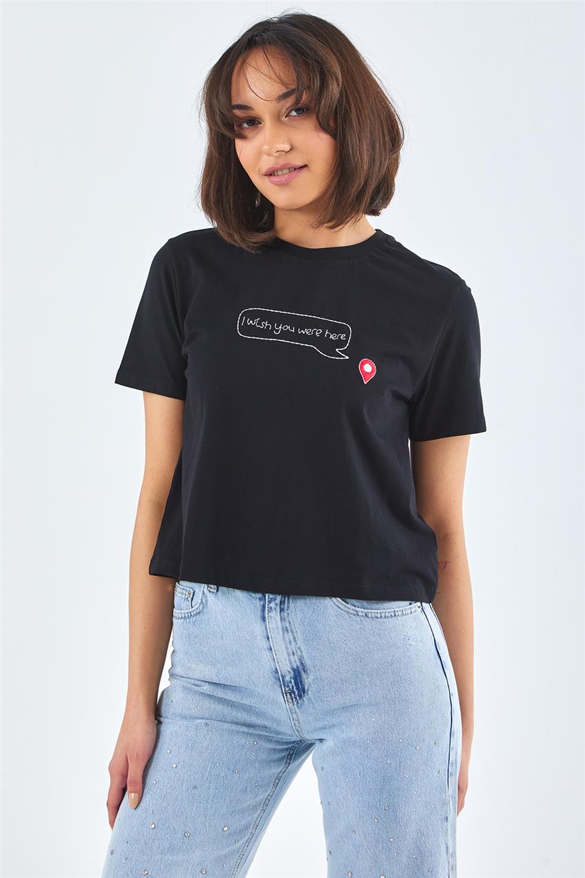 Yazı İşlemeli Siyah Crop T-shirt 