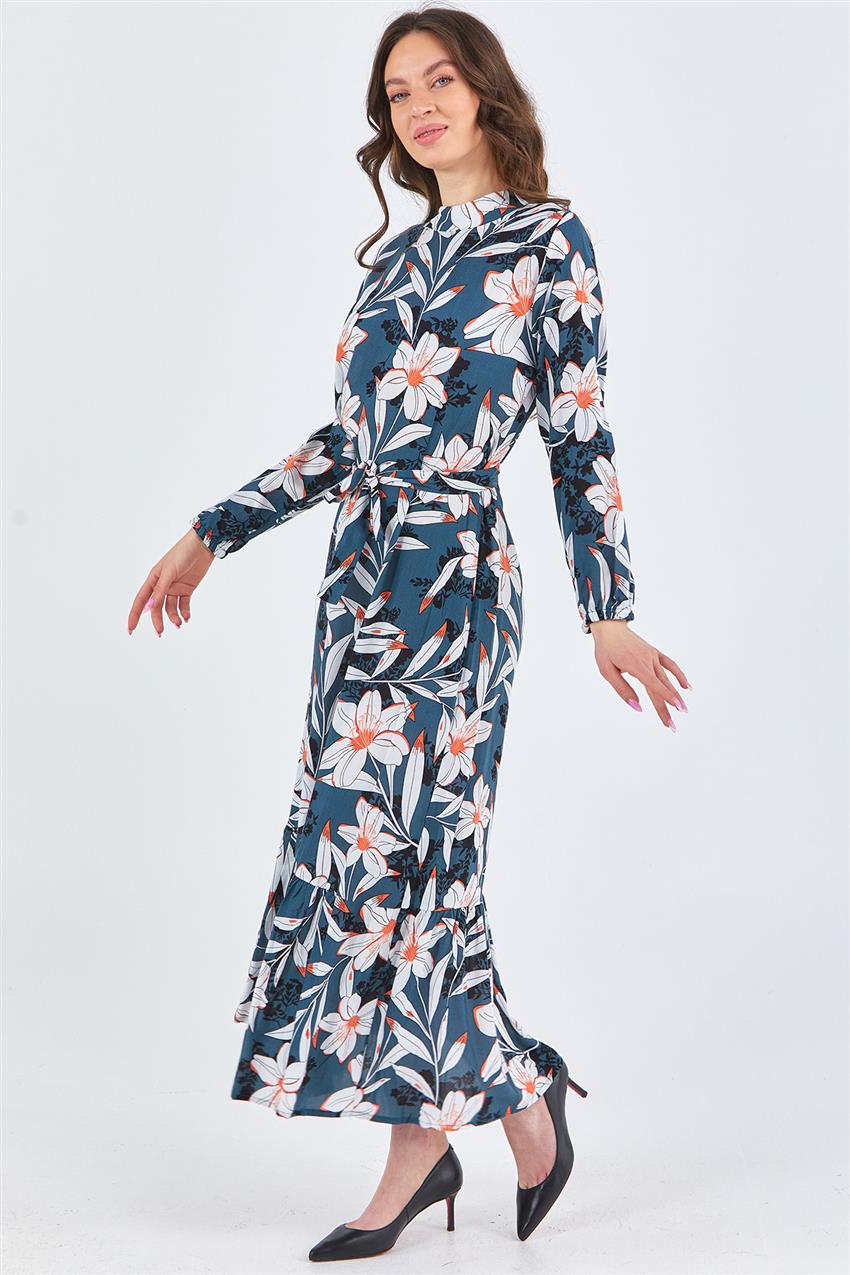 Yaprak Desen Seyyar Kuşaklı Antrasit Elbise