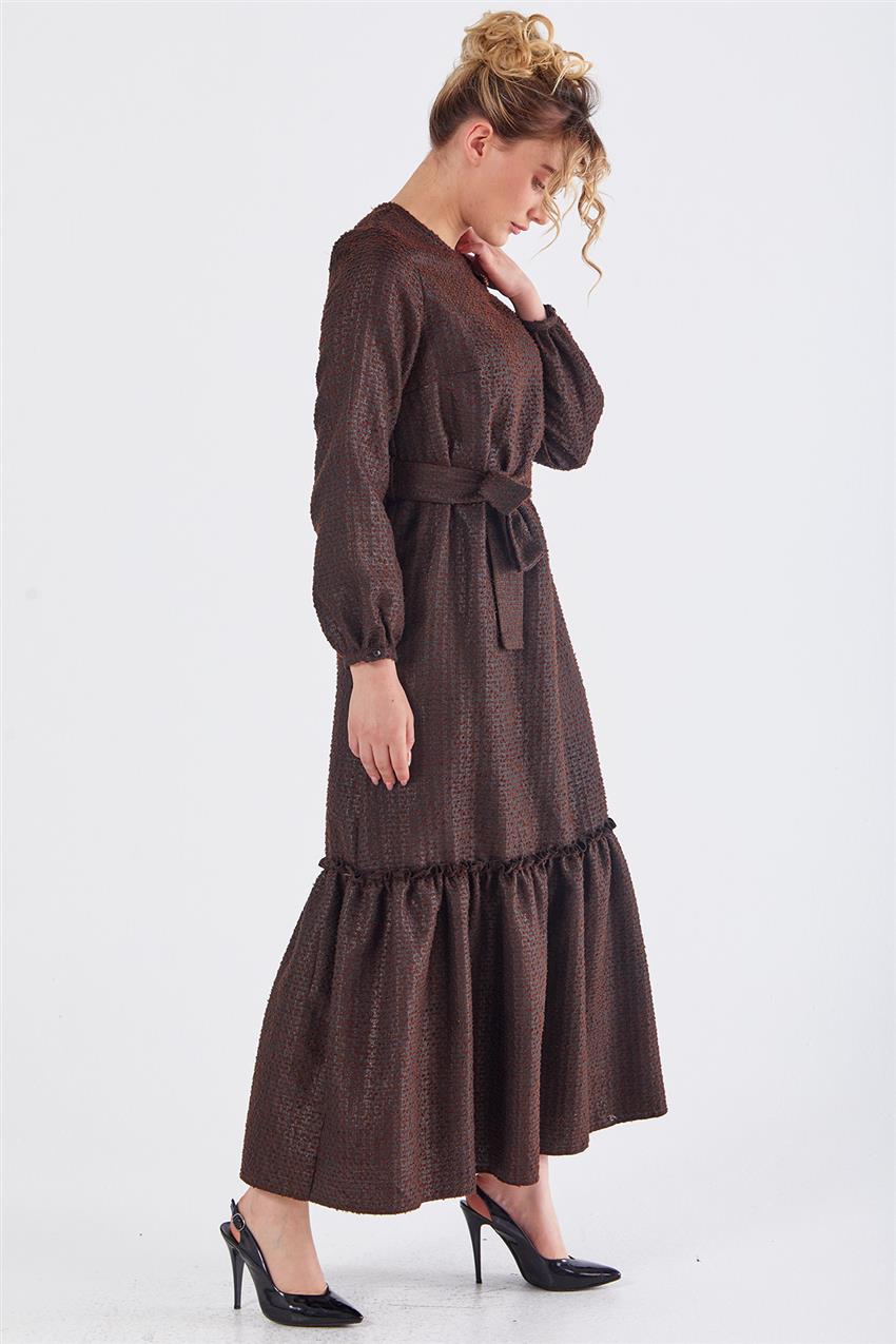 Kuşaklı Koyu Kahverengi Tüvit Elbise