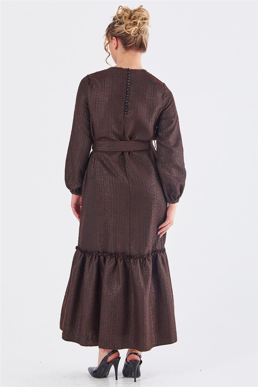 Kuşaklı Koyu Kahverengi Tüvit Elbise