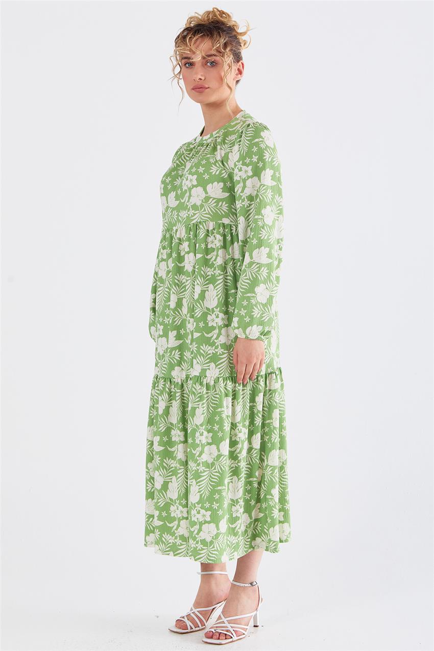Çiçek Desenli Büzgülü Benetton Yeşili Elbise