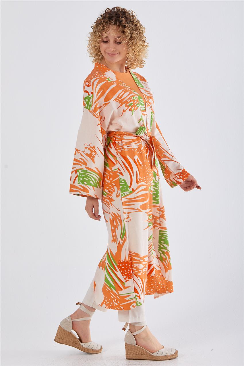 Kuşaklı Keten Görünümlü Turuncu-Bej Kimono
