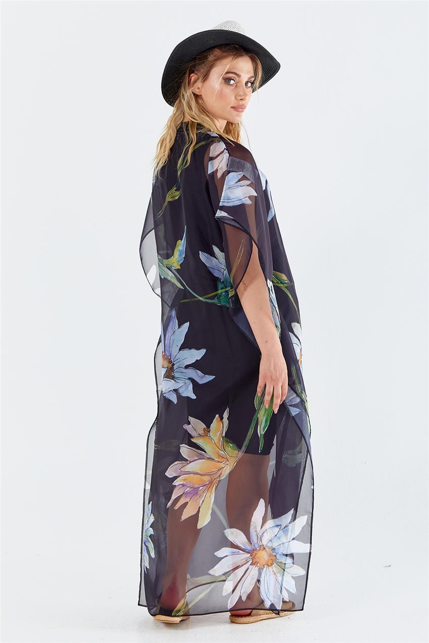 Marina Çiçek Desenli Kaftan Kimono-Siyah P2105-01