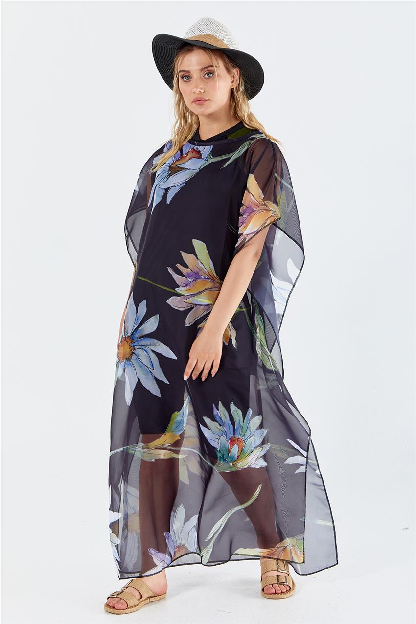 Marina Çiçek Desenli Kaftan Kimono-Siyah P2105-01
