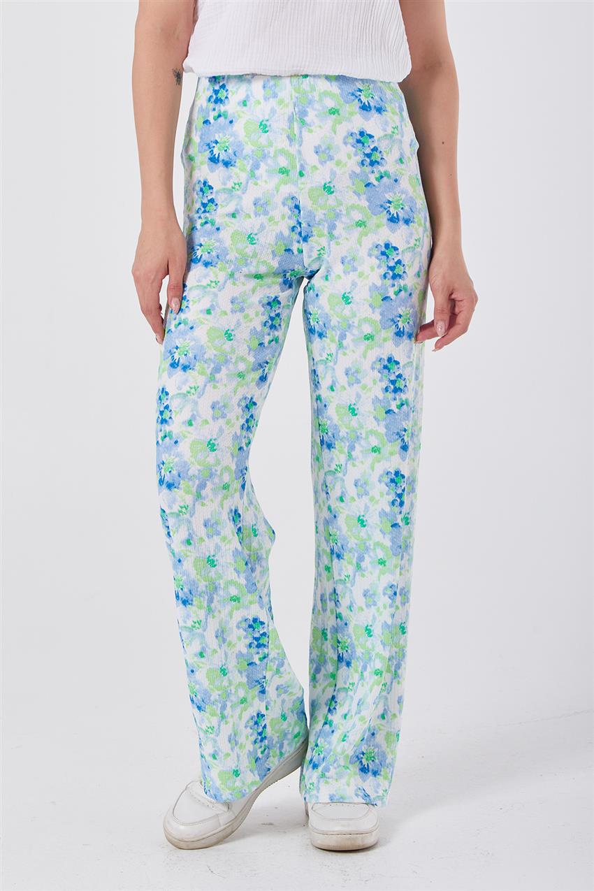 Çiçek Desenli Düz Kesim Mavi-Yeşil Pantolon
