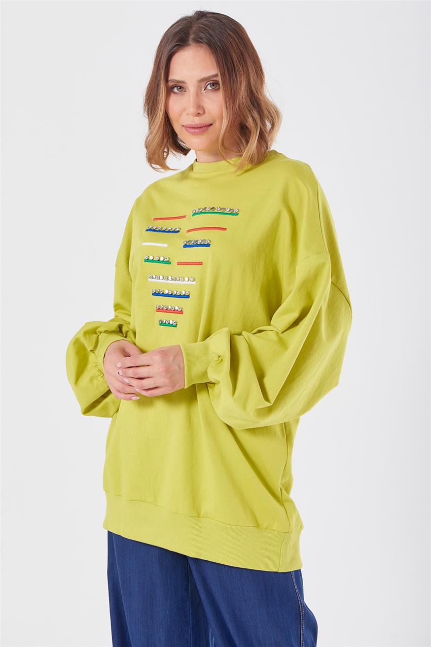 Geniş Kol Taşlı Fıstık Yeşili Sweatshirt