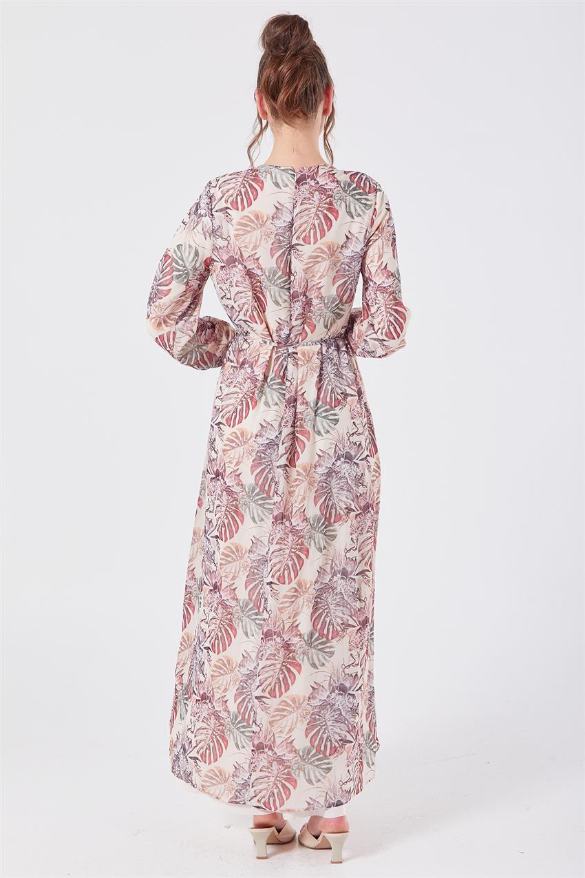 Yaprak Desen Şifon Kumaş Bej Elbise