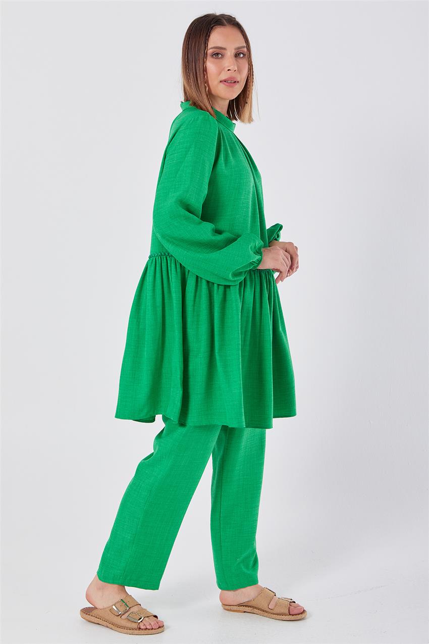 Biye Detaylı Büzgülü Yeşil Tunik-Pantolon Takım