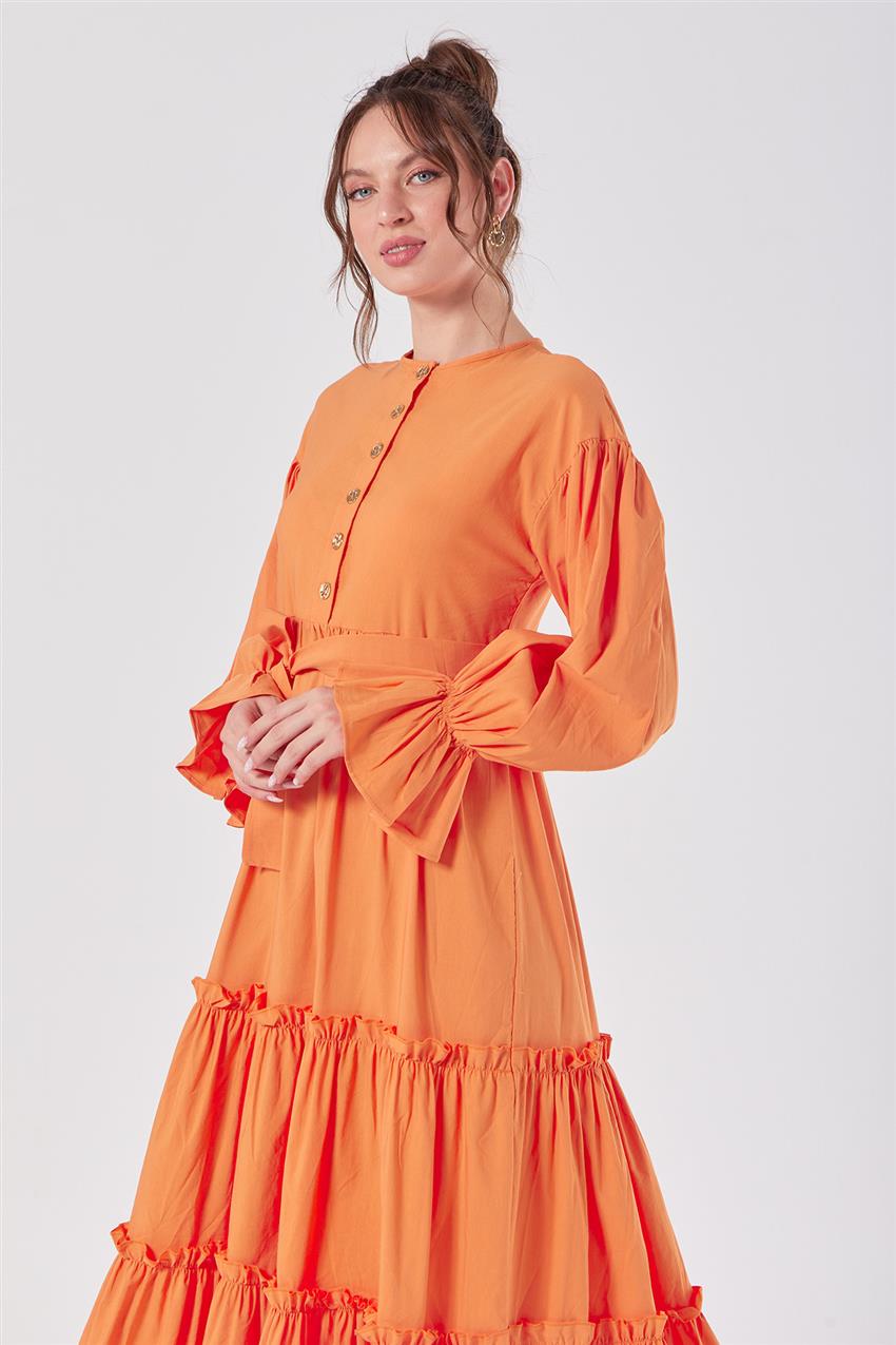 Mini Fırfır Detaylı Balon Kol Oranj Elbise 