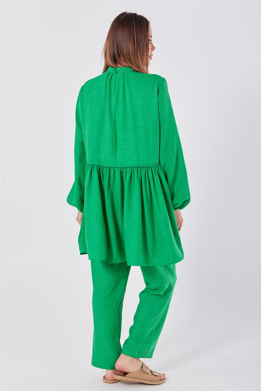 Biye Detaylı Büzgülü Yeşil Tunik-Pantolon Takım
