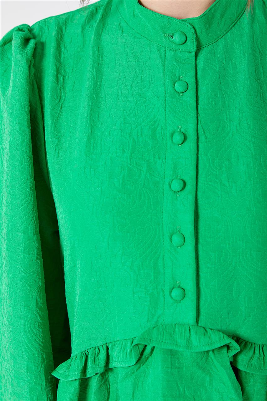 Fırfır Detaylı Yakalı Benetton Yeşil Elbise