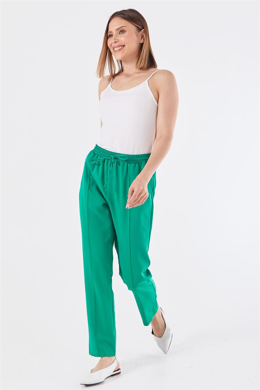 Nervürlü Beli Lastikli Yeşil Pantolon 