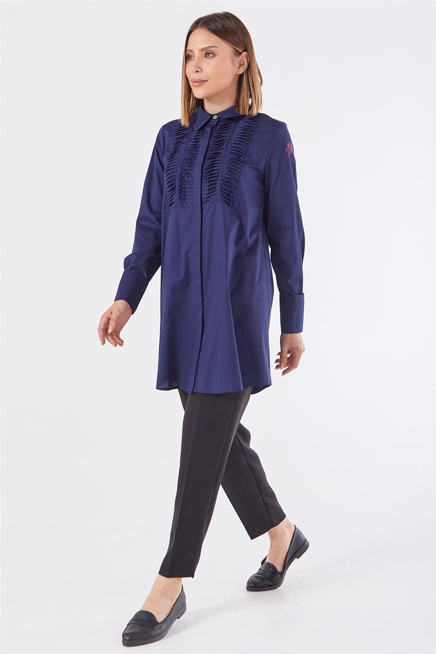 Pile Detaylı Lacivert Poplin Tunik