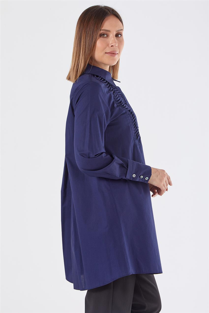 Pile Detaylı Lacivert Poplin Tunik