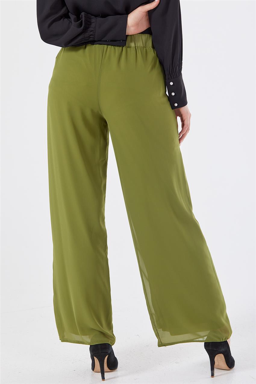 Çift Katmanlı Şifon Geniş Paça Yeşil Pantolon