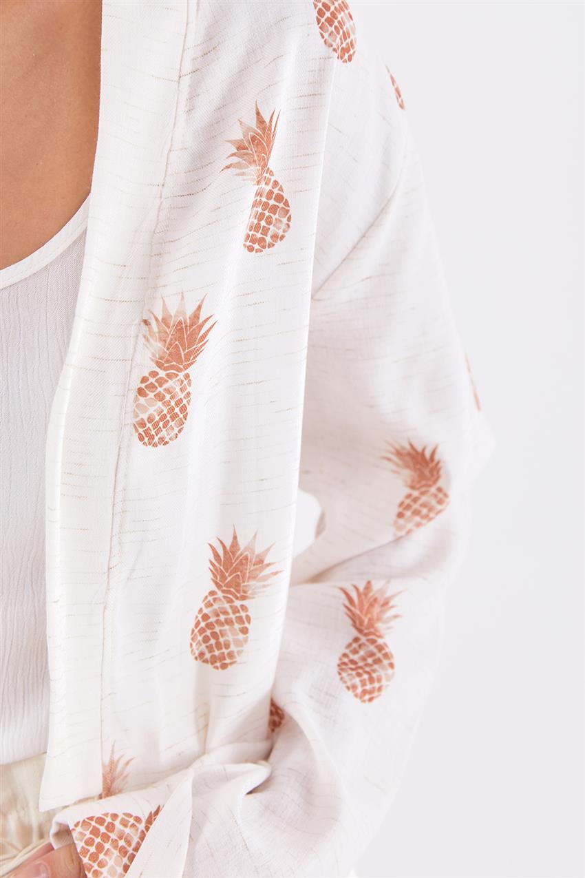 Ananas Desenli Keten Görünümlü Tarçın-Ekru Kimono
