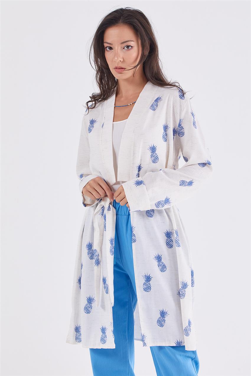Ananas Desenli Keten Görünümlü Mavi-Ekru Kimono