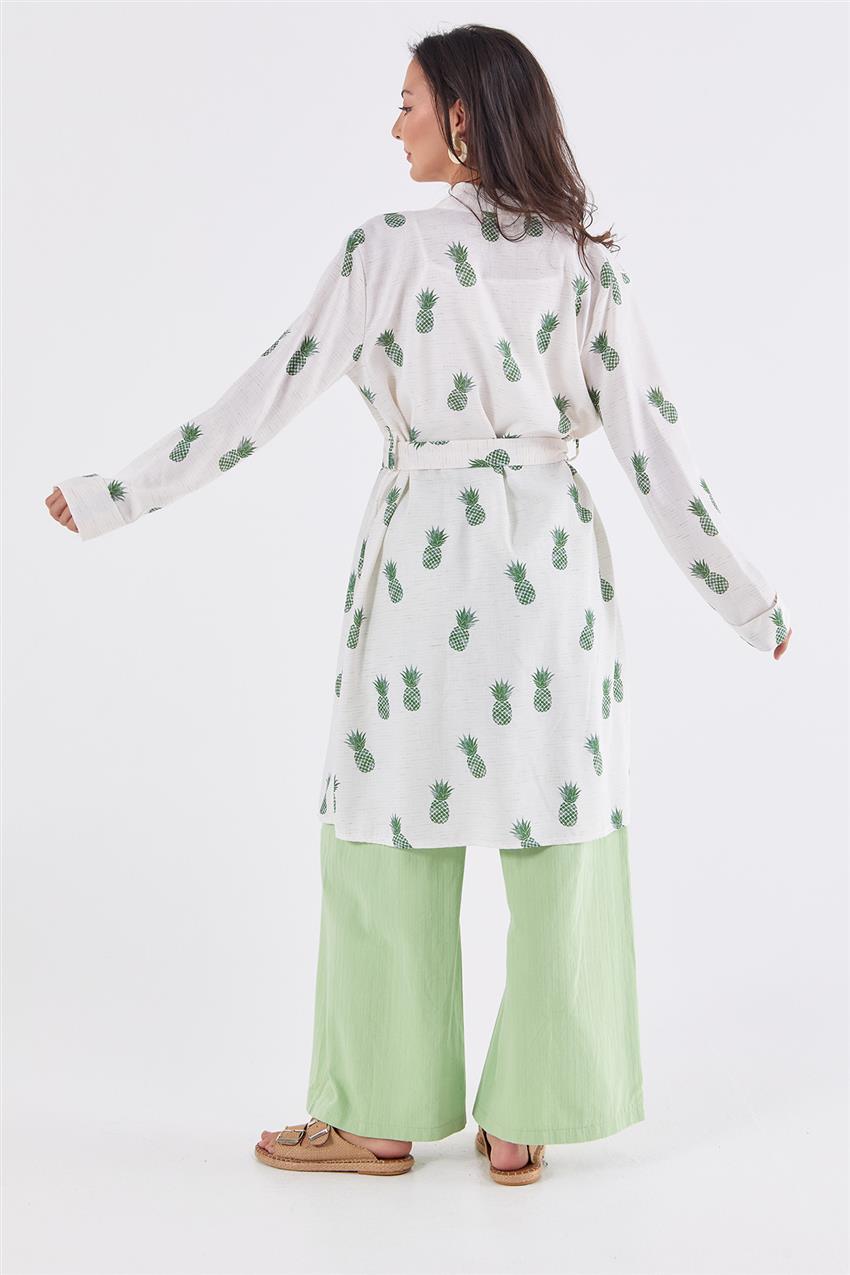 Ananas Desenli Keten Görünümlü Ekru-Yeşil Kimono