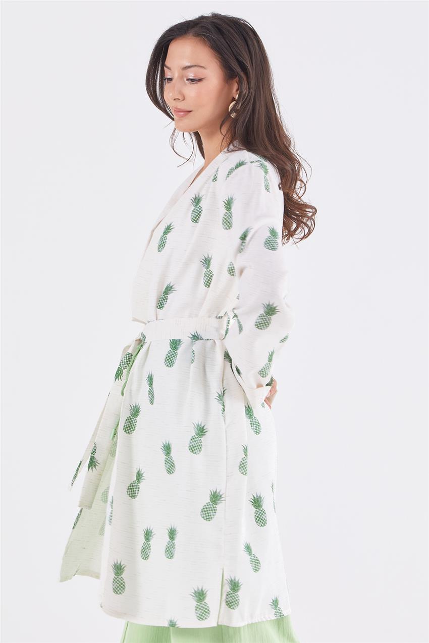 Ananas Desenli Keten Görünümlü Ekru-Yeşil Kimono