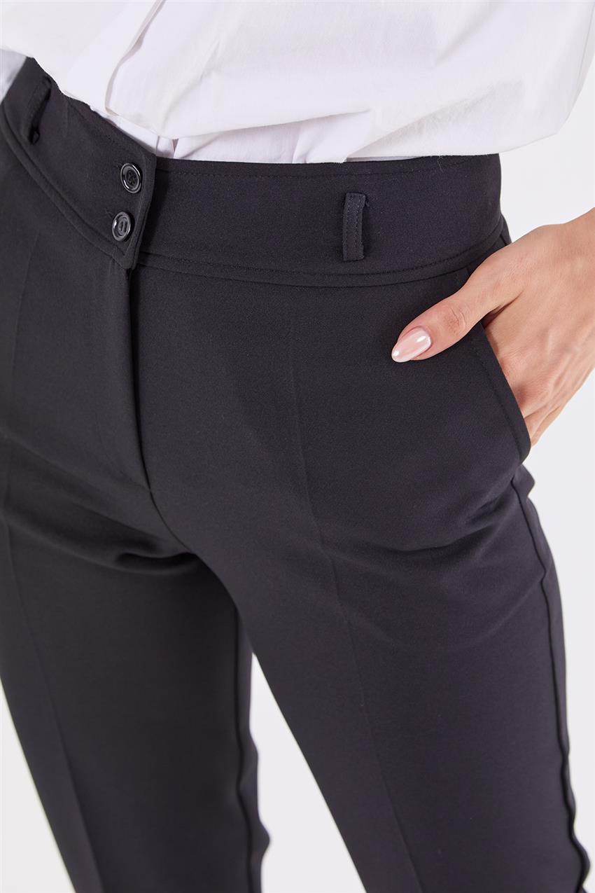 Çift Düğmeli Yüksek Bel Siyah Pantolon 