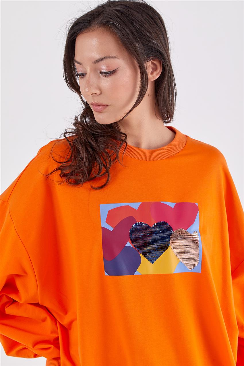 Kalp İşlemeli Sweatshirt-Turuncu M10300-37