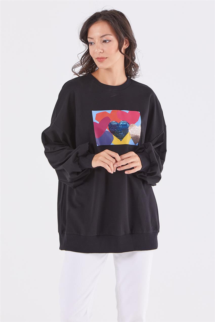 Kalp İşlemeli Siyah Sweatshirt