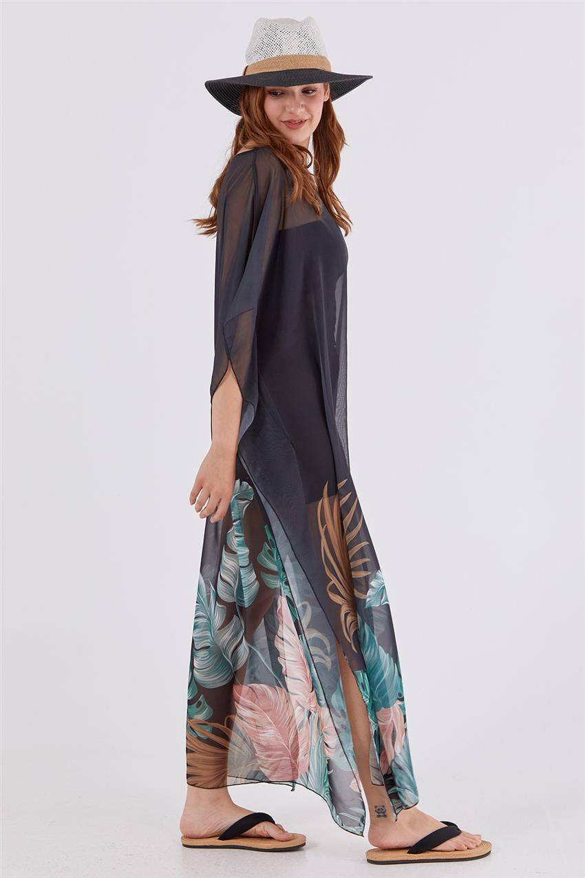 Marina Çiçekli Kaftan Kimono-Siyah P2203-01