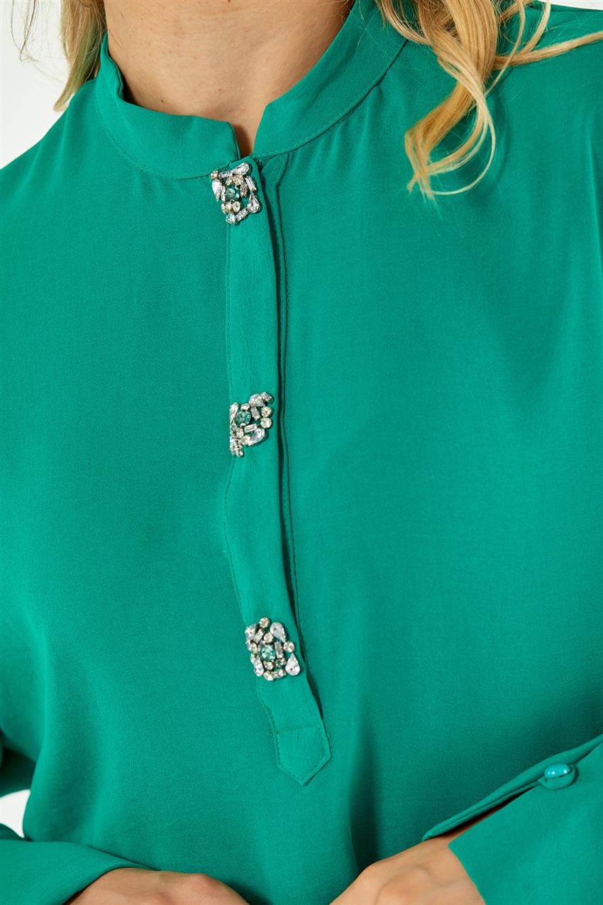 Düğmesi Taşlı Benetton Yeşili Tunik