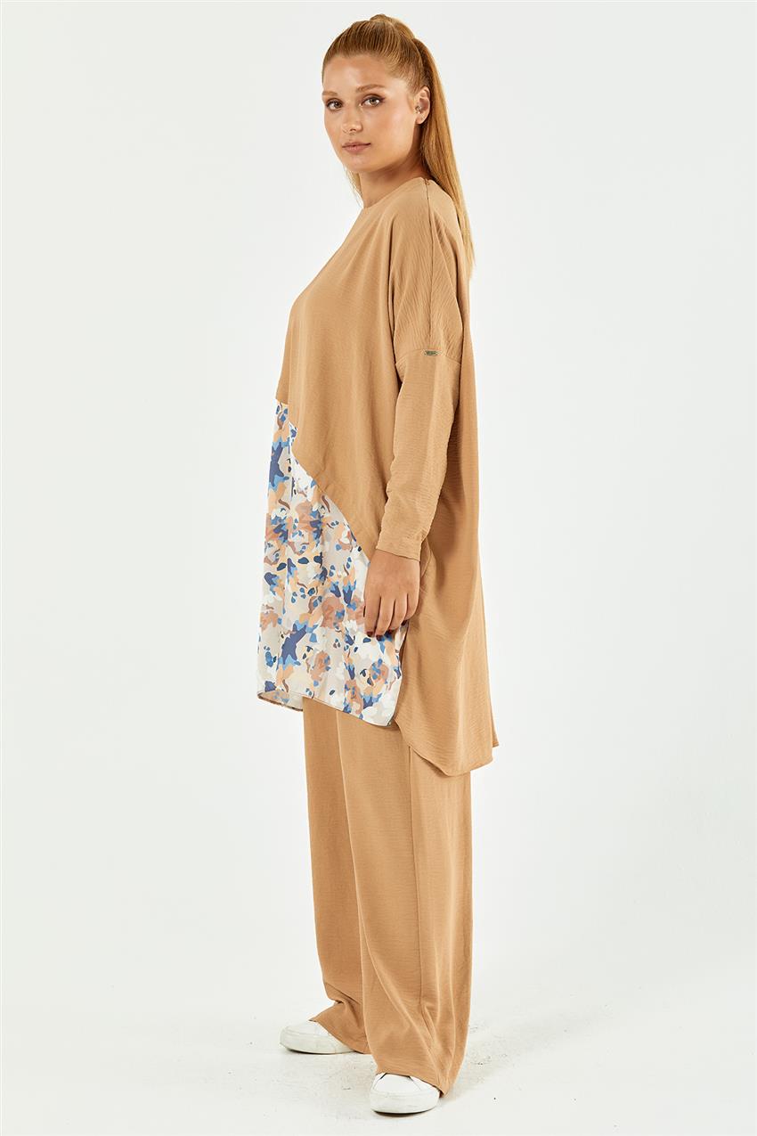 Garni Detaylı Tunik-Pantolon İkili Camel Takım