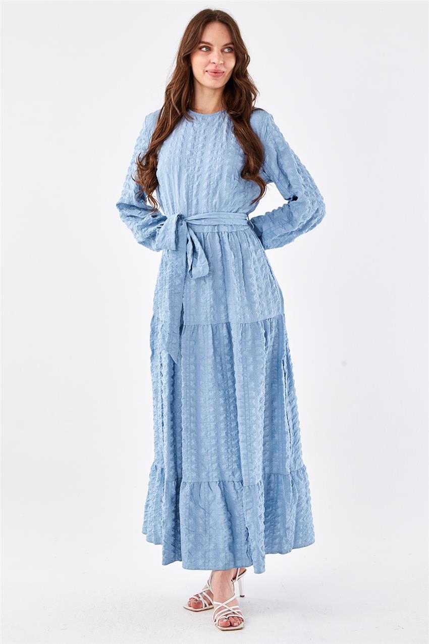 Gofreli Seyyar Kuşaklı Mavi Elbise