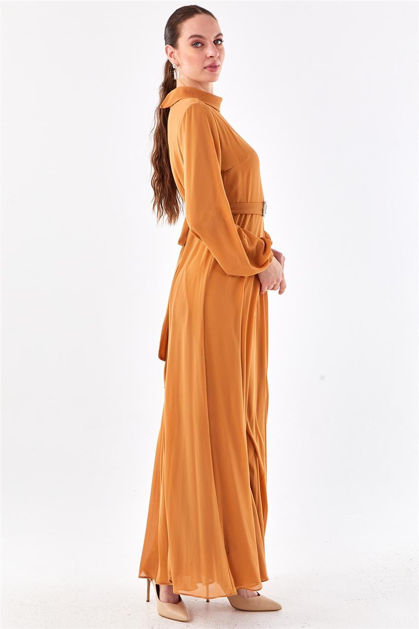 Dik Yaka Omzu Taşlı Safran Elbise