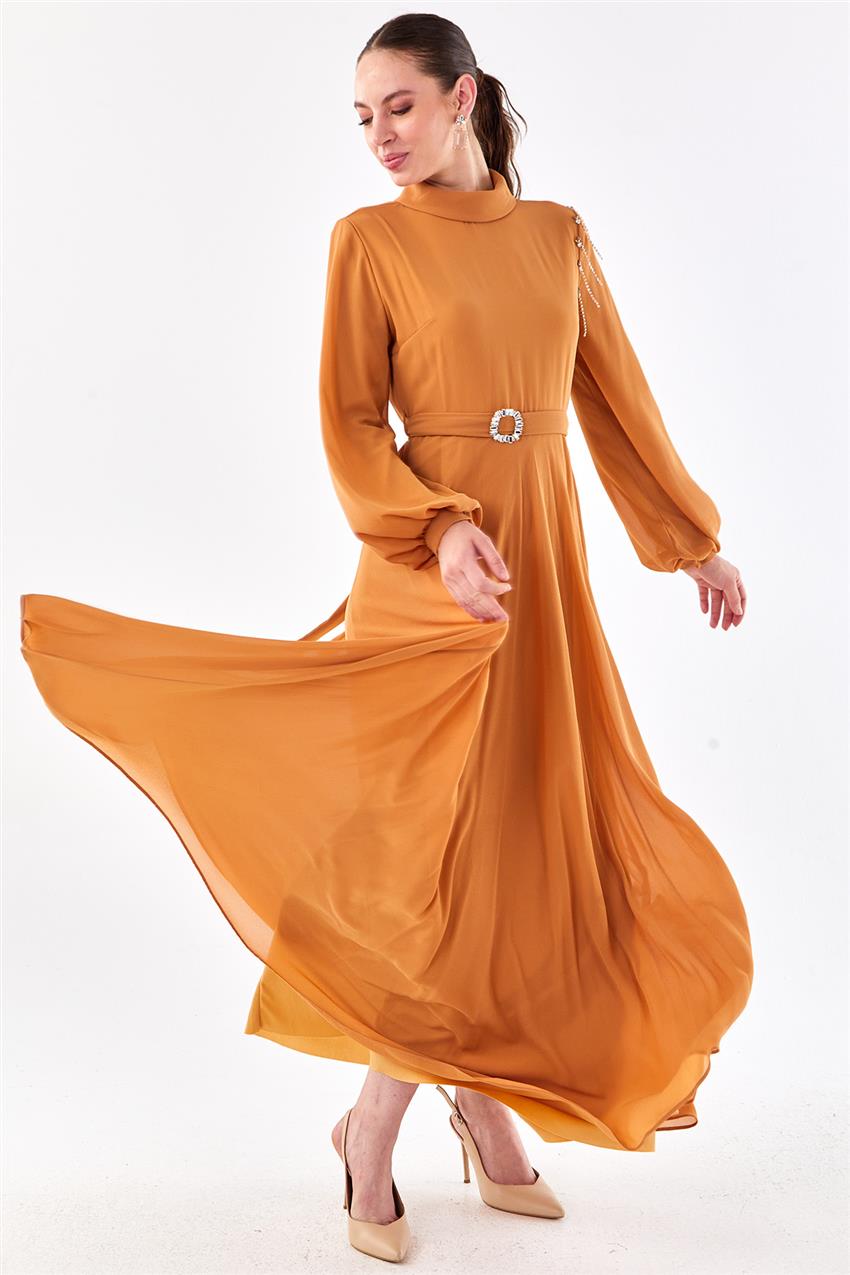 Dik Yaka Omzu Taşlı Safran Elbise