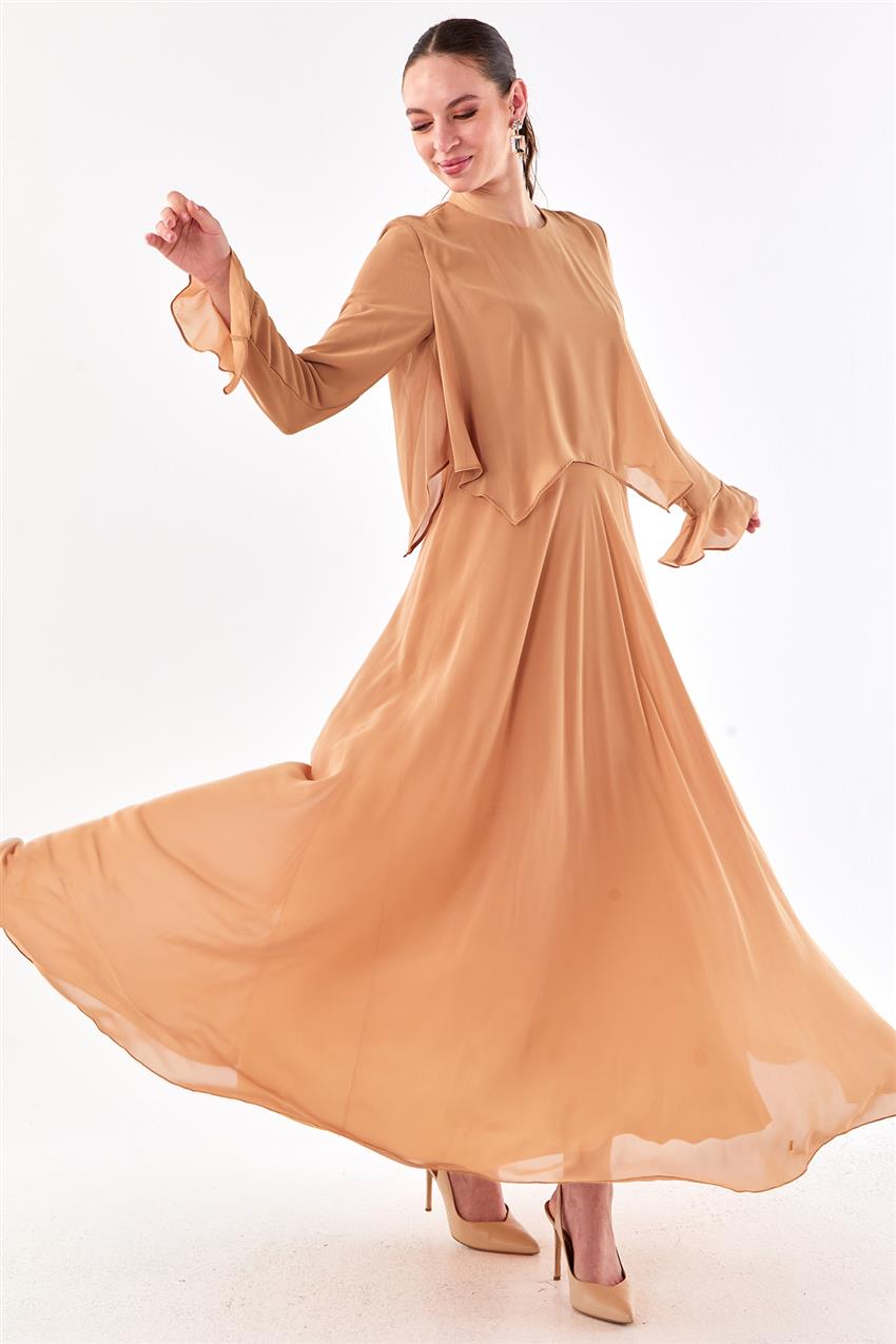 Volanlı Karamel Şifon Elbise 