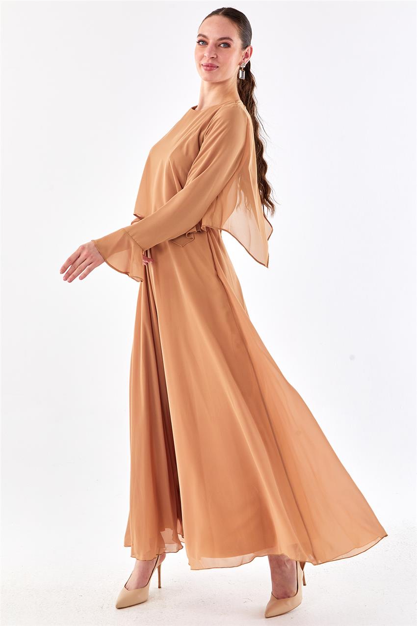 Volanlı Karamel Şifon Elbise 