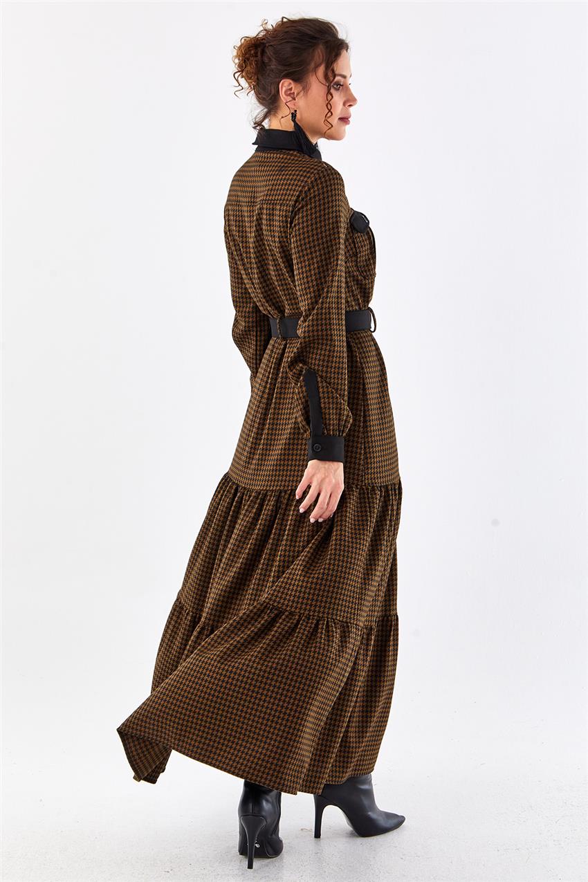 Büzgülü Kazayağı Desen Camel Elbise