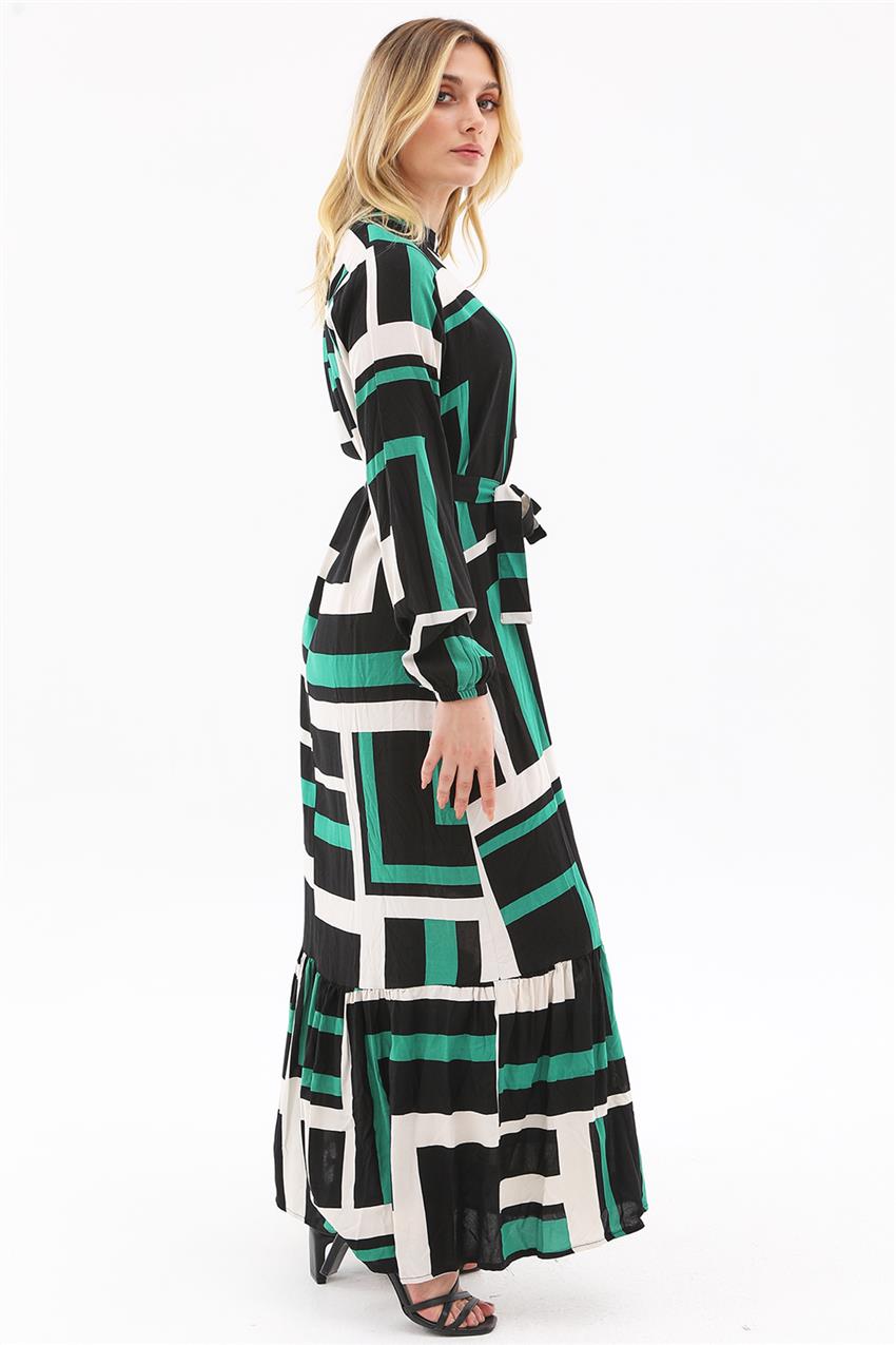 C Yaka Geometrik Desen Elbise-Yeşil 9505-21