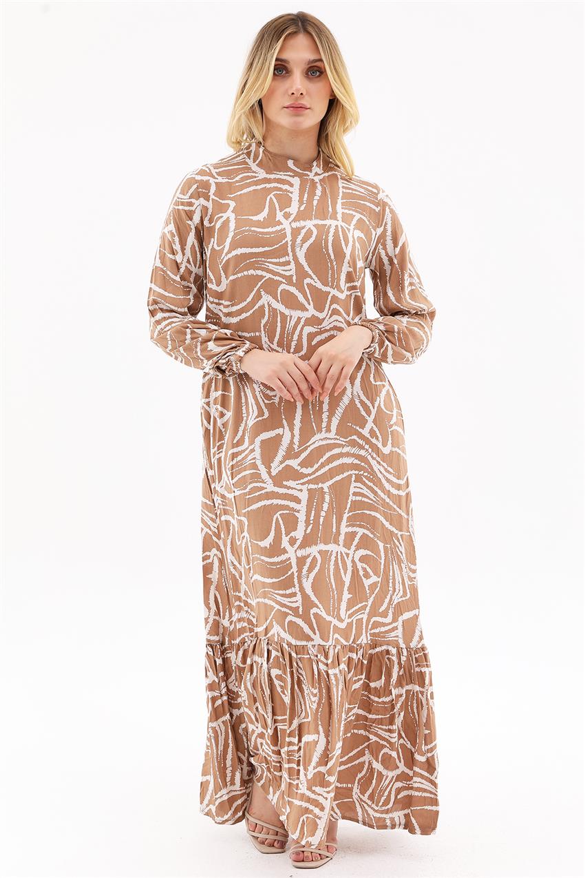 C Yaka Karma Desen Elbise-Camel 9505-46