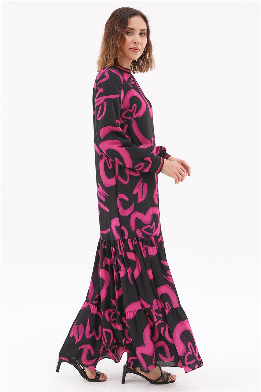 Fırfırlı Çiçekli Elbise -Siyah Fuşya M12437-316