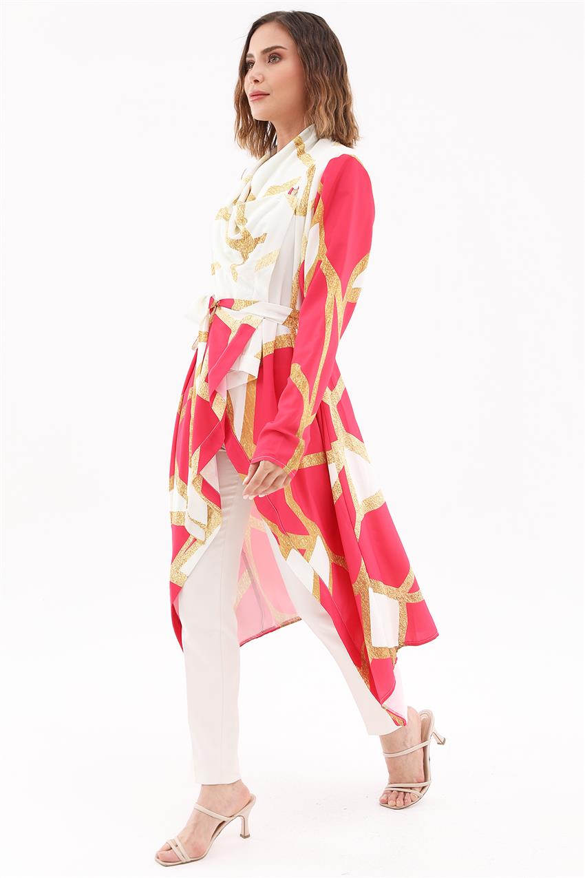 Tasarım Yaka Fuşya-Ekru Kimono