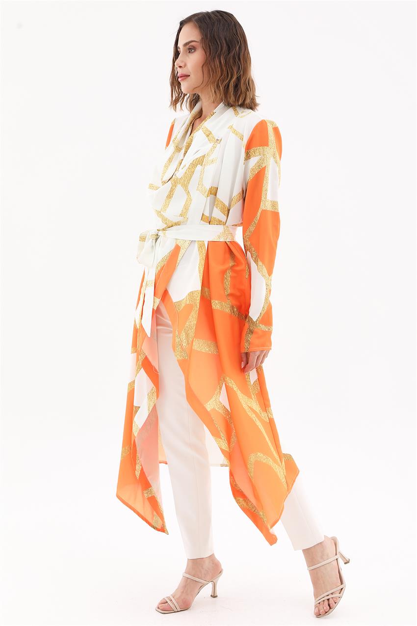Tasarım Yaka Ekru-Turuncu Kimono
