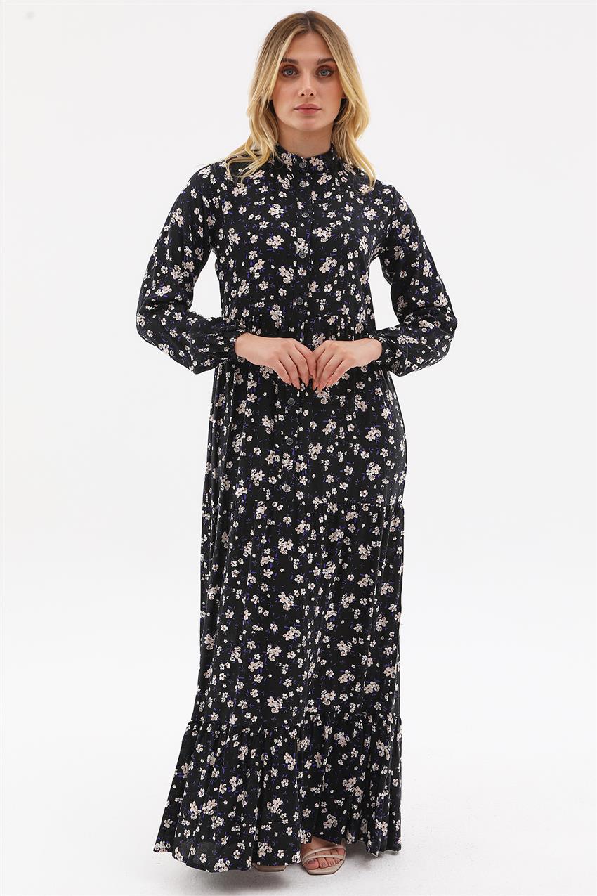 Düğmeli Çiçek Desenli Elbise-Siyah 8505-01