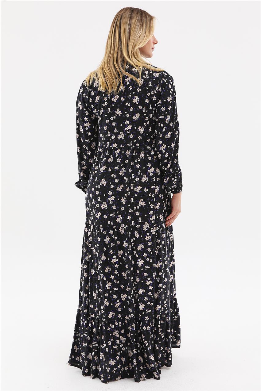 Düğmeli Çiçek Desenli Elbise-Siyah 8505-01