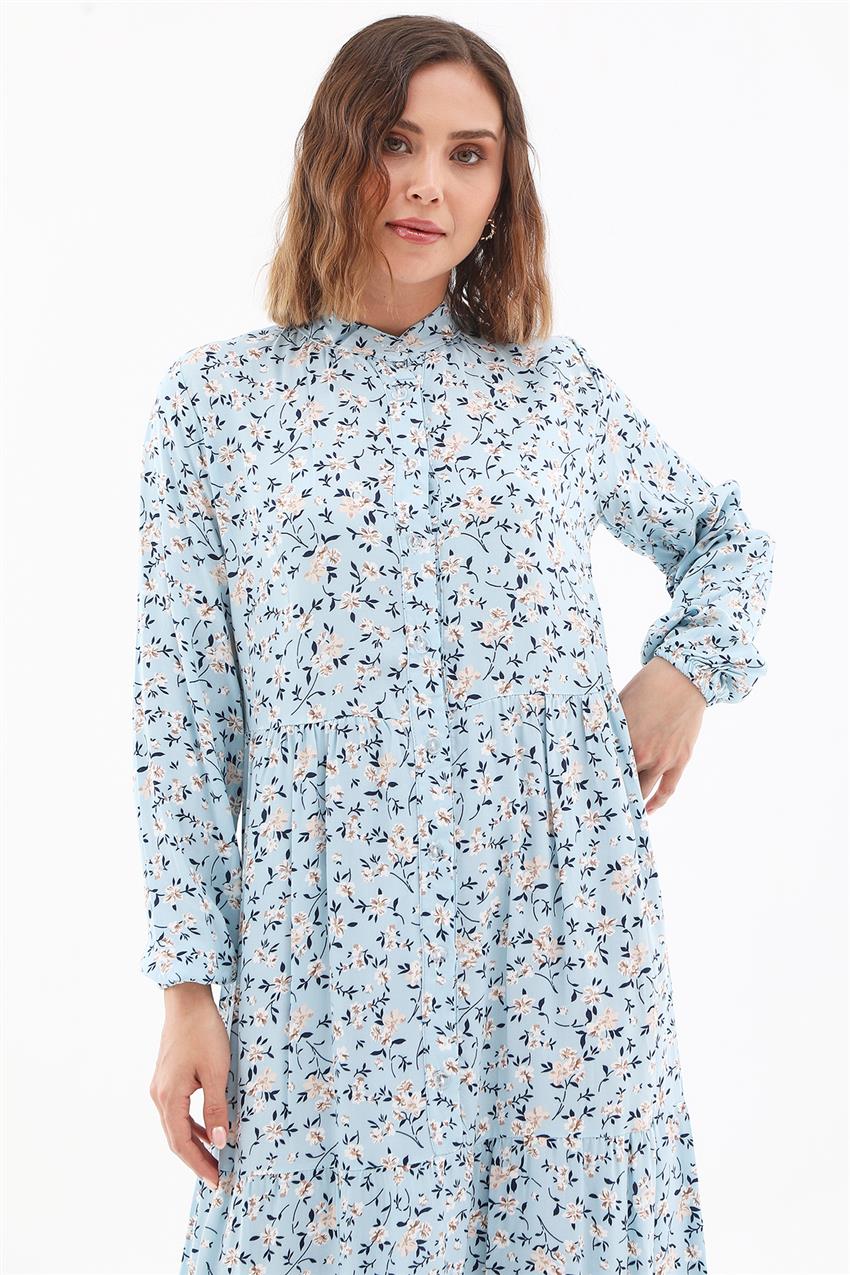 Düğmeli Çiçek Desenli Elbise-Mavi 8505-70